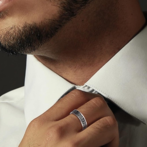 Men’s Black Pattern Inlay Stainless Steel Spinner Ring Anxiety Fidget Band - Picture 2 of 3